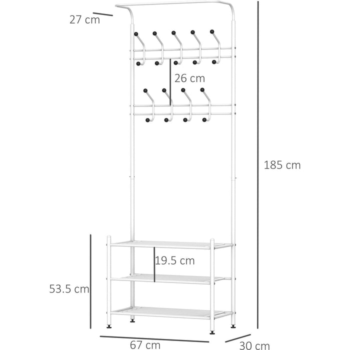 Hallway Coat Hanger with 3-Tier Shoe Storage & 18 Hooks - White - Green4Life