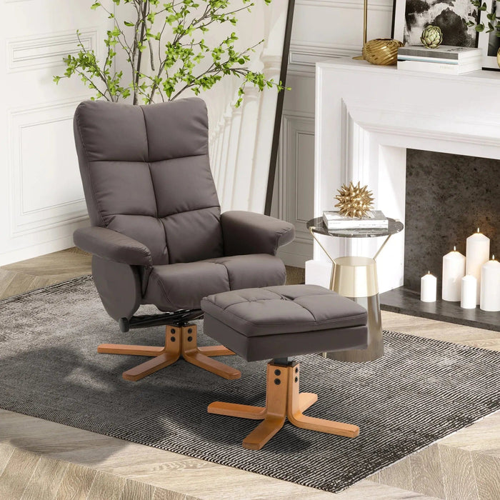 Faux Leather Swivel Recliner Chair with Footstool, Wooden Base and Storage - Brown - Green4Life