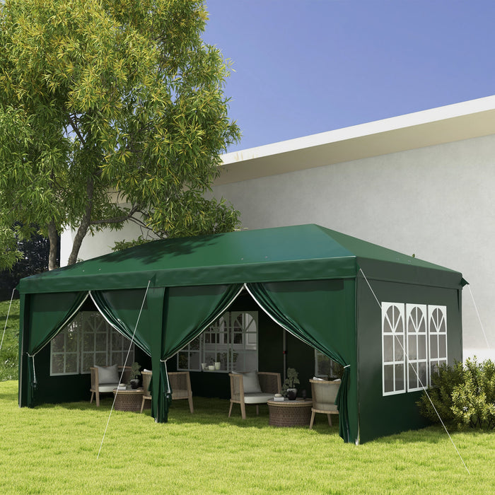 19 x 10 ft (3 x 6m) Elegant Garden Gazebo - Waterproof Canopy with Sidewalls & Windows - Green - Outsunny