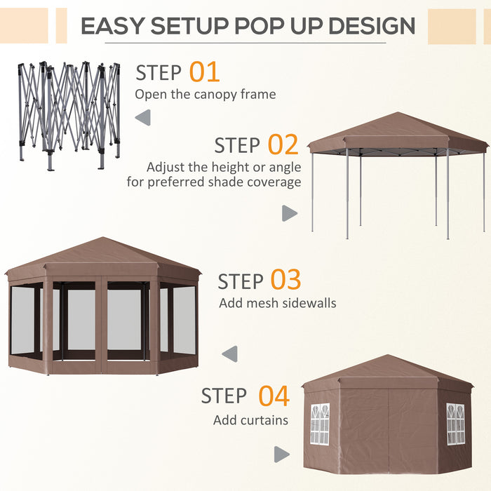 13 x 13 ft (4 x 4m) Hexagonal Garden Gazebo with Metal Frame - Brown - Outsunny