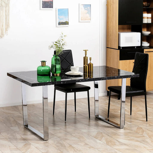 HOMCOM Rectangular Dining Table with Marble Effect Tabletop & Steel Legs - Black - Green4Life
