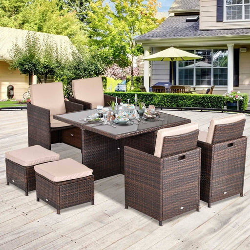 9 Pieces Rattan Outdoor Dining Set with 4 Armchairs, 4 Stools, and Tempered Glass Top Table - Brown - Outsunny - Green4Life