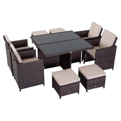 9 Pieces Rattan Outdoor Dining Set with 4 Armchairs, 4 Stools, and Tempered Glass Top Table - Brown - Outsunny - Green4Life