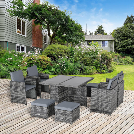 9 Pieces Rattan Outdoor Dining Set with 4 Armchairs, 4 Stools, and Tempered Glass Top Table - Grey - Outsunny - Green4Life