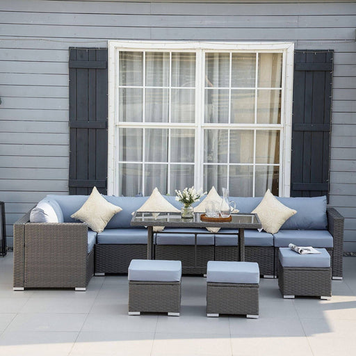 9-Seater Rattan Lounge Set with Glass Top Table - Grey/Dusty Blue - Outsunny - Green4Life
