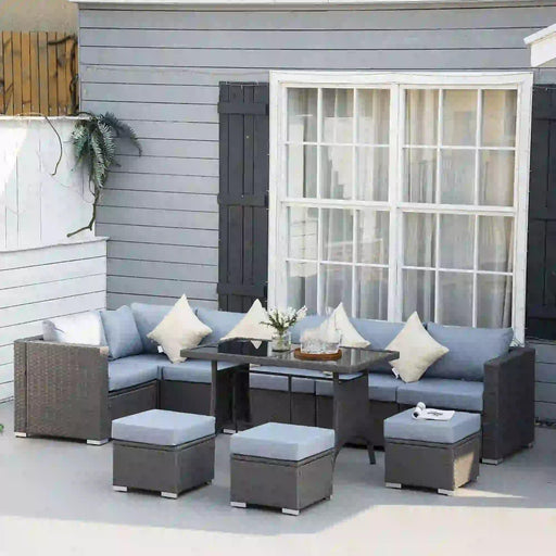 9-Seater Rattan Lounge Set with Glass Top Table - Grey/Dusty Blue - Outsunny - Green4Life