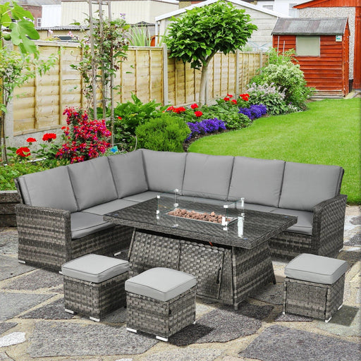 9-Seater Rattan Outdoor Dining Set with Fire Pit Table, Double Corner Sofa and 3 Footstools - Grey - Outsunny - Green4Life