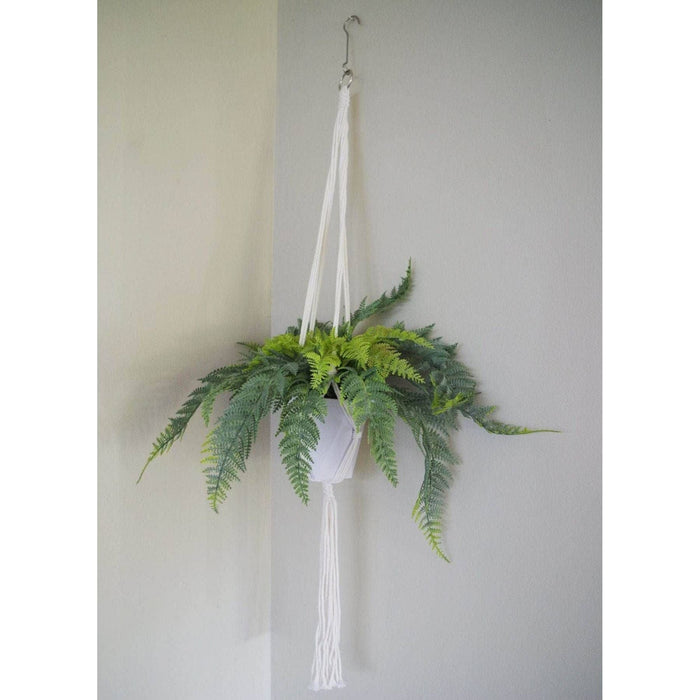 95cm Hanging Potted Artificial Fern with Woven Rope Hanger & Geometric Pot - Green4Life