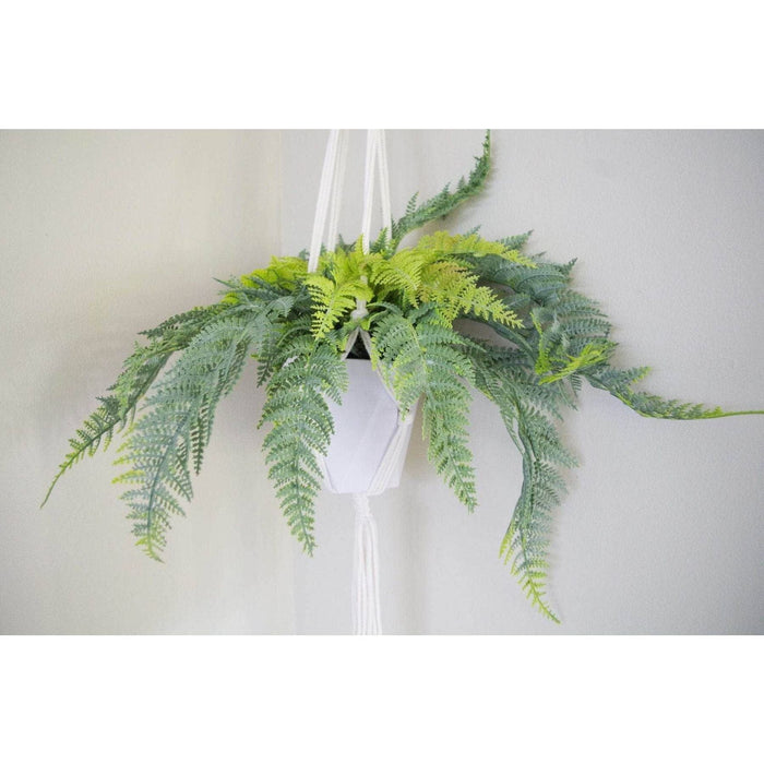 95cm Hanging Potted Artificial Fern with Woven Rope Hanger & Geometric Pot - Green4Life