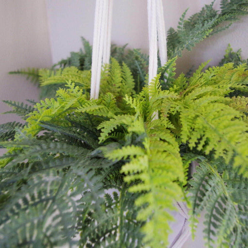 95cm Hanging Potted Artificial Fern with Woven Rope Hanger & Geometric Pot - Green4Life