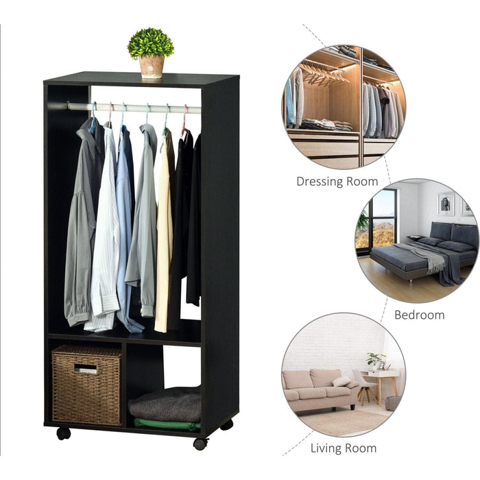 Open Wardrobe on Wheels with Hanging Rail and Shelves - Black - Green4Life