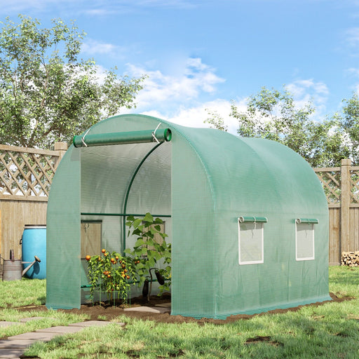 Outsunny 245 x 200 x 198 (cm) Reinforced Walk in Polytunnel Greenhouse with Roll Up Door, Galvanised Steel Frame and Zipped Door Windows - Green - Green4Life