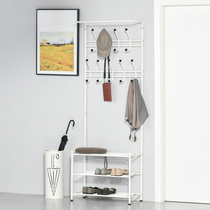 Hallway Coat Hanger with 3-Tier Shoe Storage & 18 Hooks - White - Green4Life