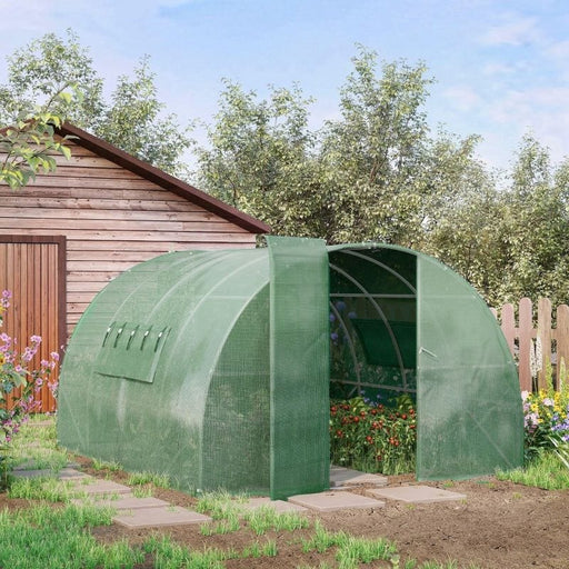 Outsunny 4 x 3 x 2 m Walk-In Polytunnel Greenhouse with Steel Frame and Mesh Windows - Green - Green4Life