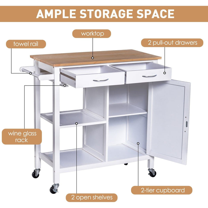 Kitchen Storage Trolley Cupboard with Pine Wood Worktop, Shelves, Drawers & Towel Rail - White - Green4Life