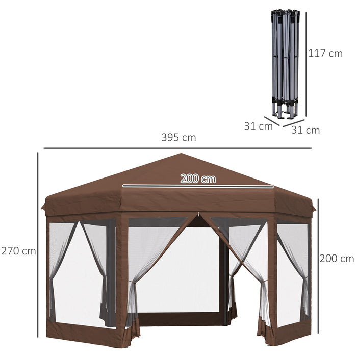 11 x 10 ft (3.5 x 3m) Hexagonal Gazebo with Adjustable Height and Mosquito Netting - Brown - Outsunny