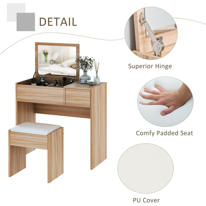 Dressing Table with Drawer, Flip-up Mirror and Cushioned Stool - Natural - Green4Life