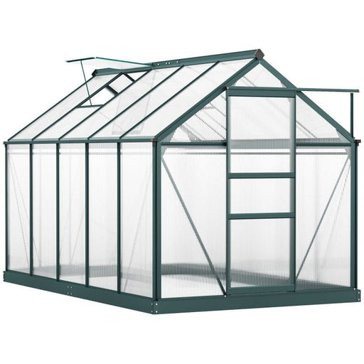 Outsunny 6 x 10 ft Walk-In Polycarbonate Greenhouse with Sliding Door, Galvanised Base & Aluminium Frame - Dark Green - Green4Life
