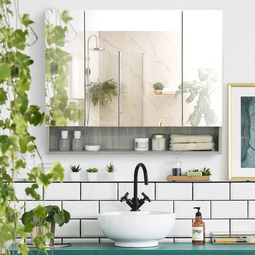 kleankin Bathroom Mirror Cabinet with Adjustable Shelves, 3 Doors and Cupboards - Grey - Green4Life