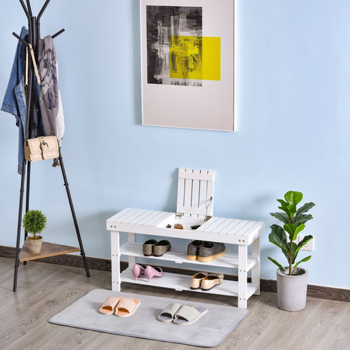 Wooden Shoe Bench with 3-Tier Shelves & Hidden Storage Compartment - White - Green4Life