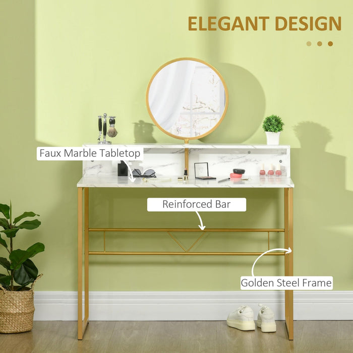 Modern Dressing Table with Round Mirror & Open Storage - White Marble - Green4Life