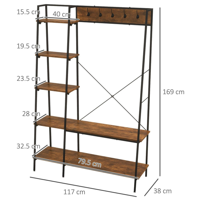 Industrial Design Hallway Unit with 2 Tier Shoe Rack, 5 Hooks, 5 Side Shelves & Steel Frame 117 x 38 x 169cm - Brown - Green4Life