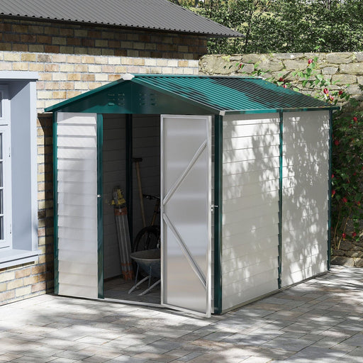 Outsunny 9FT x 6FT Galvanizsed Metal Garden Shed with Sloped Roof, Lockable Door - White/Green - Green4Life