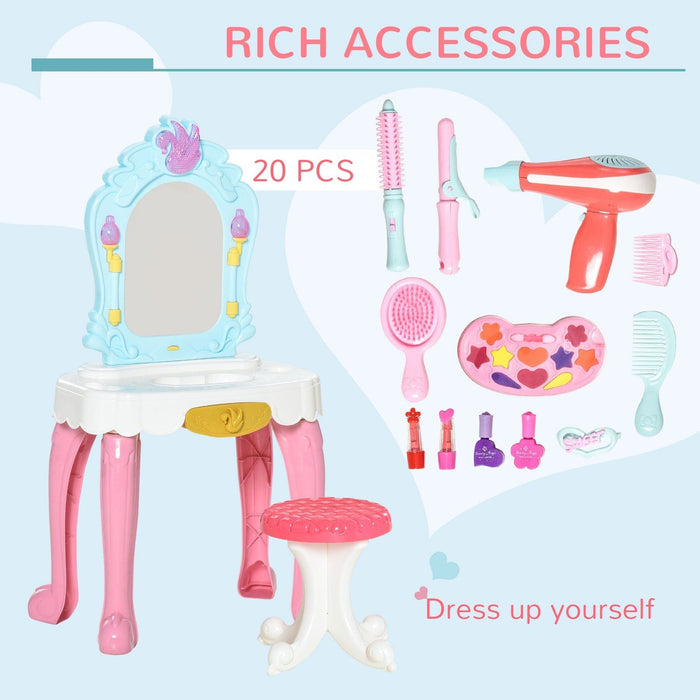 Children's 20 Pcs Beauty Dressing Table & Stool Set with Accessories, for Ages 3-6 - Green4Life
