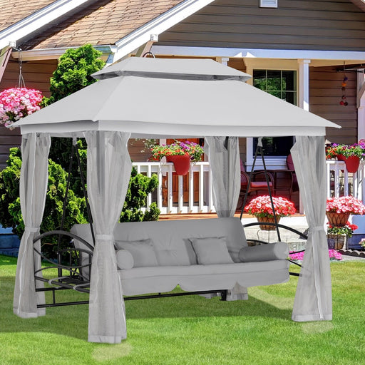 Outsunny 3 Seater Swing Chair 3-in-1 Convertible Gazebo with Double Tier Canopy, Cushioned Seat and Mesh Sidewalls - Light Grey - Green4Life