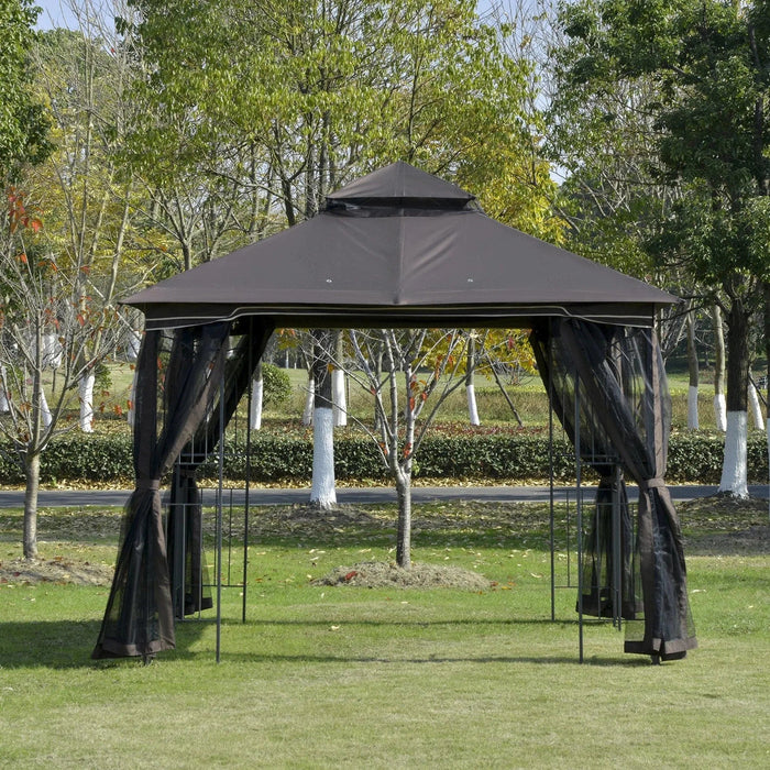 Outsunny 3x3m Coffee Brown Garden Gazebo with Double Tier Roof and Mesh Curtains - Green4Life