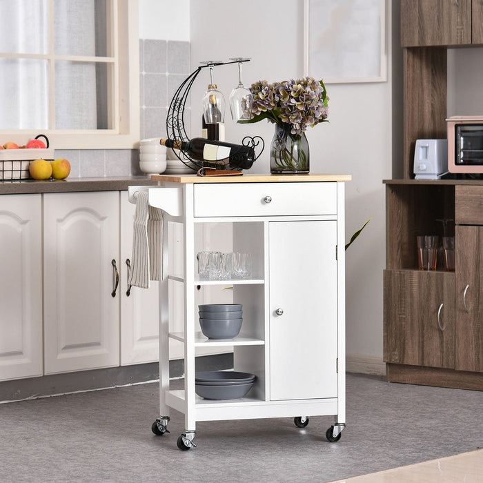 Kitchen Storage Trolley Unit with Wooden Top, 3 Shelves & Cupboard - White - Green4Life