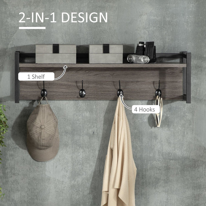 Wall-Mounted Coat Rack with 4 Hooks and Open Storage Shelf - Grey - Green4Life