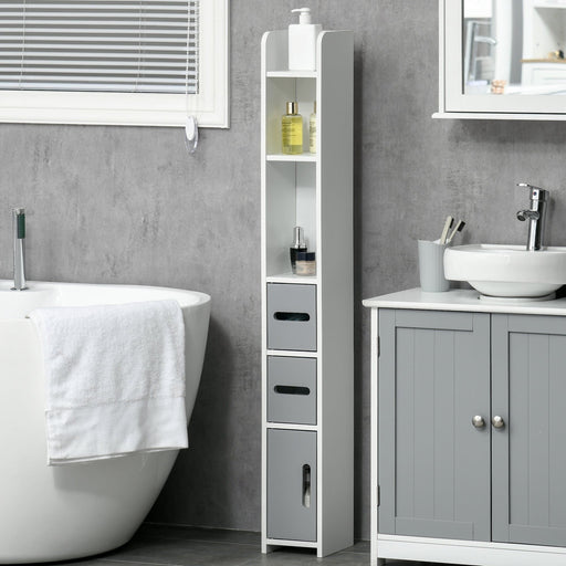 kleankin Modern Slim Bathroom Storage Cabinet with Open Shelves and 3 Cupboards - Grey & White - Green4Life