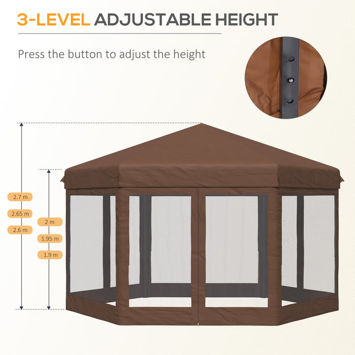 11 x 10 ft (3.5 x 3m) Hexagonal Gazebo with Adjustable Height and Mosquito Netting - Brown - Outsunny