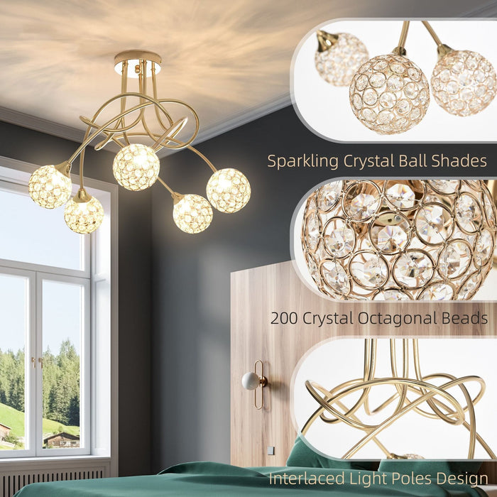 Contemporary Crystal Chandelier with 5 Ball Lampshades - Gold - Green4Life