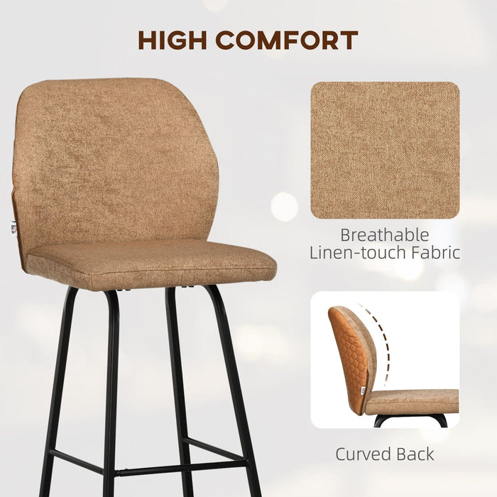 Set of 2 Linen-Touch Upholstered Bar Chairs with Backs and Steel Legs - Light Brown - Green4Life