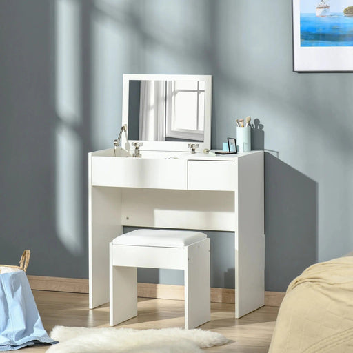 Dressing Table with Drawer, Flip-up Mirror and Cushioned Stool - White - Green4Life