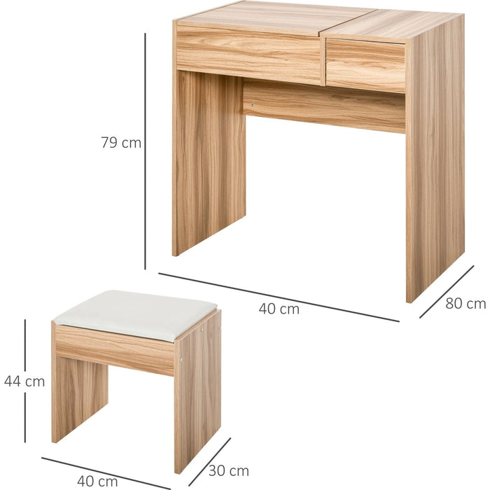 Dressing Table with Drawer, Flip-up Mirror and Cushioned Stool - Natural - Green4Life