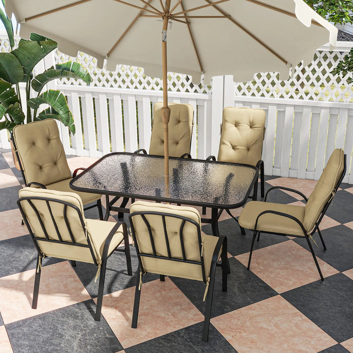 Luxe Outdoor Dining Ensemble - 7-Piece Set with Cushioned Armchairs & Glass Top Table - Beige - Outsunny