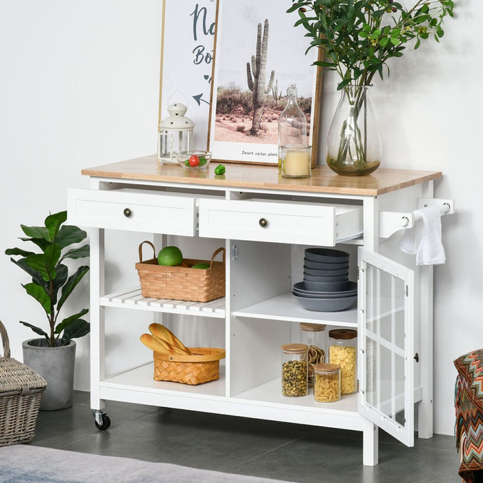 Modern Kitchen Island on Wheels with 2 Drawers, Cabinet, Towel Rack & Rubber Wood Top - White - Green4Life