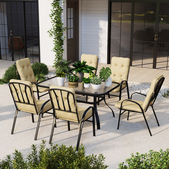 Luxe Outdoor Dining Ensemble - 7-Piece Set with Cushioned Armchairs & Glass Top Table - Beige - Outsunny