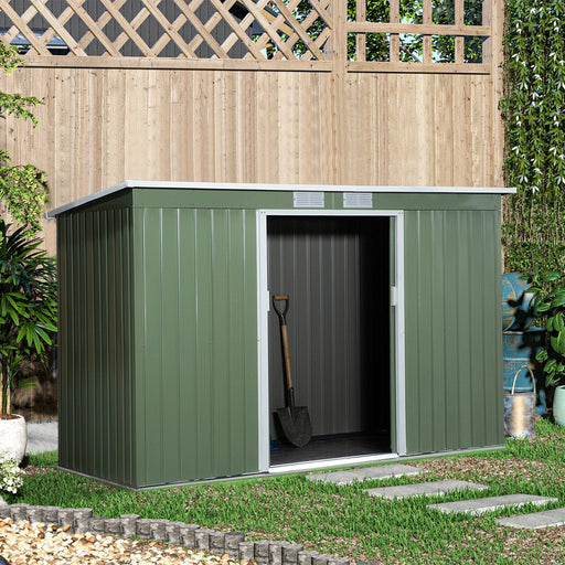 Outsunny 9 x 4 ft Corrugated Steel Garden Storage Shed with Vents & Doors - Light Green - Green4Life