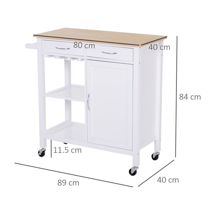 Kitchen Storage Trolley Cupboard with Pine Wood Worktop, Shelves, Drawers & Towel Rail - White - Green4Life