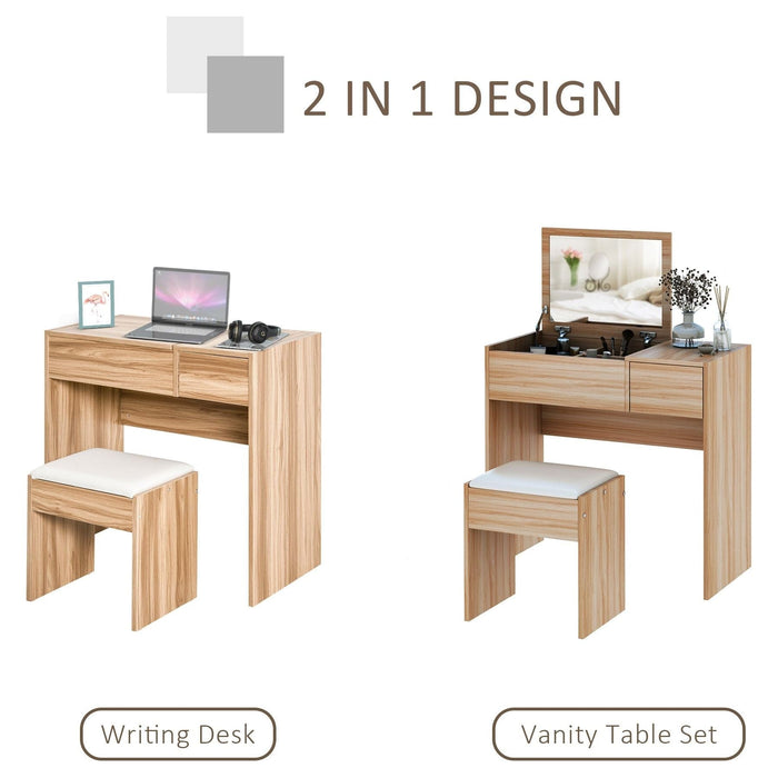 Dressing Table with Drawer, Flip-up Mirror and Cushioned Stool - Natural - Green4Life