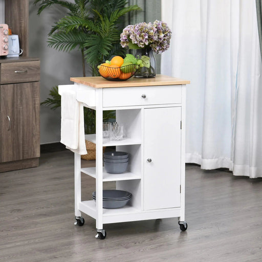 Kitchen Storage Trolley Unit with Wooden Top, 3 Shelves & Cupboard - White - Green4Life
