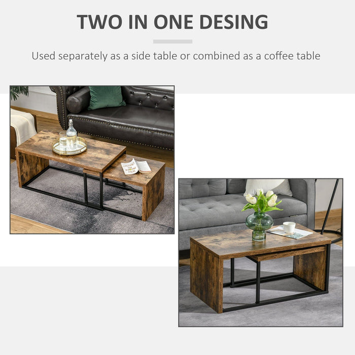 HOMCOM Set of 2 Industrial Style Coffee Tables with Metal Frame - Black & Brown - Green4Life
