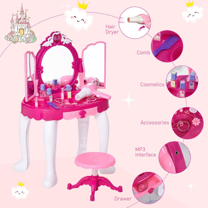 Kids Plastic Vanity Table Set with Sound Effects - Pink - Green4Life