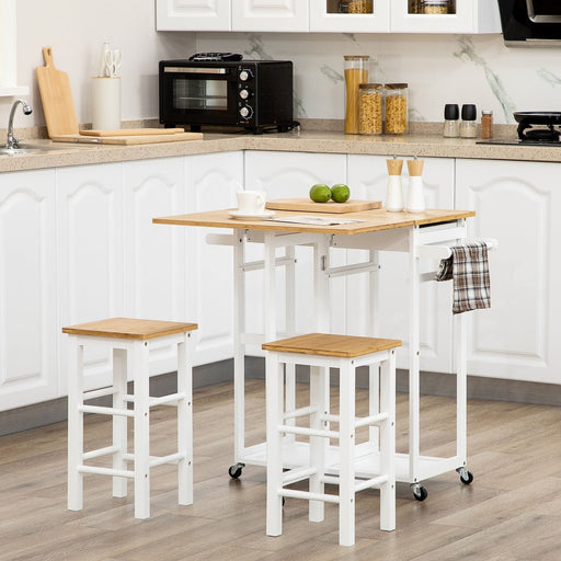 Kitchen Island Set with 2 Stools, Drop Leaf Tabletop & Drawers - White - Green4Life