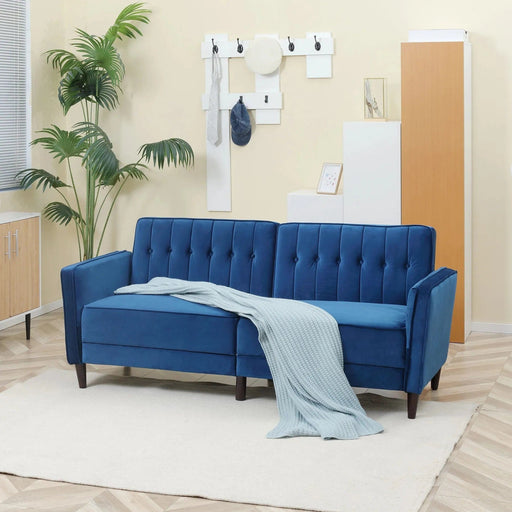 Velvet-Touch Tufted Convertible Sofa Bed with Adjustable Split Back - Blue - Green4Life