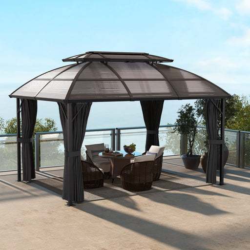 13 x 10 ft (4 x 3m) Luxury Brown Polycarbonate Gazebo with Aluminium Frame, Double Roof, Curtains, and Netting - Outsunny - Green4Life